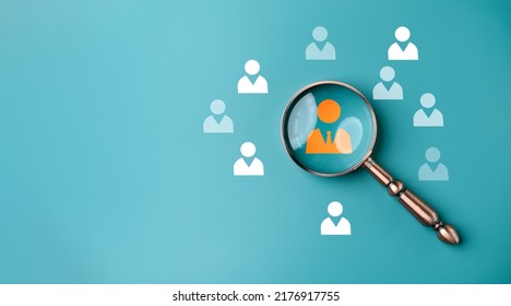 HRM or  Human Resource Management, Magnifier glass focus to manager icon which is among staff icons for human development recruitment leadership and customer target group concept. - Shutterstock ID 2176917755