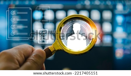 HRM or Human Resource Management, magnifying glass focus on manager icon, one of employee icons for recruitment leadership in human development and customer prospects concept, customer prospect online