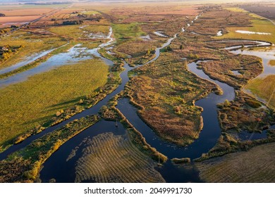 Hrodna Region, Belarus-September 2021: A Beautiful Autumn Landscape At Sunset With A Flood Of The River After The Rains In The Bird Sanctuary, Where Birds Spend The Night During Their Migration.