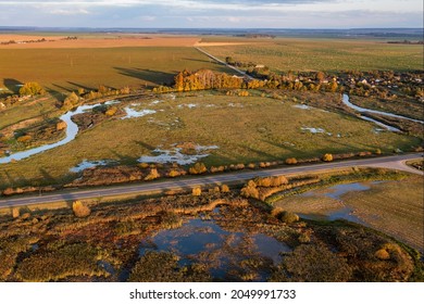 Hrodna Region, Belarus-September 2021: A Beautiful Autumn Landscape At Sunset With A Flood Of The River After The Rains In The Bird Sanctuary, Where Birds Spend The Night During Their Migration.