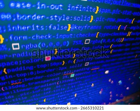 HTM. Web development javascript HTML5 code close up. RNN Neural Network source code. HTML code on the screen editor,. Digital technology on display. Code background