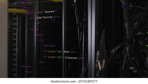 HTML code image over server racks in data center. Technology, coding, networking, database, digital, infrastructure - Powered by Shutterstock - Get 15% off with code: PIKWIZARD15