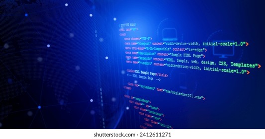 HTML code on computer monitor with Global Network Connection background. HTML5 source code, Web language programming, Computer courses, Training, Learning HTML, Website technology internet concept. - Powered by Shutterstock - Get 15% off with code: PIKWIZARD15