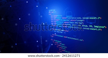 HTML code on computer monitor with Global Network Connection background. HTML5 source code, Web language programming, Computer courses, Training, Learning HTML, Website technology internet concept.