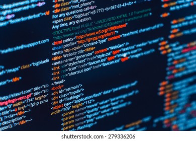 HTML And CSS Code Developing Screenshot. Abstract Web Site Source Listing On Black Background With Colored Syntax
