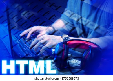 HTML development. Man writes the code. Hands of a man on a laptop keyboard. Concept - HTML programmer vacancy. HTML inscription next to developer. Work for programmers. Employment web developer.
