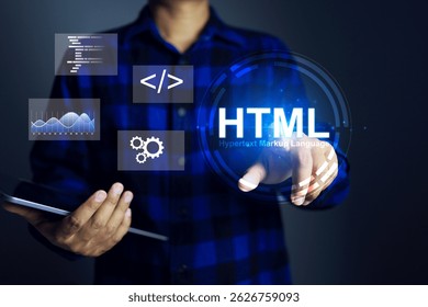 HTML hypertext markup language concept with programer working on webpage coding to defines meaning and structure of web content