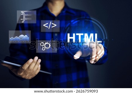 HTML hypertext markup language concept with programer working on webpage coding to defines meaning and structure of web content