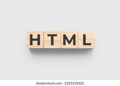 HTML (Hypertext Markup Language) wooden cubes on grey background