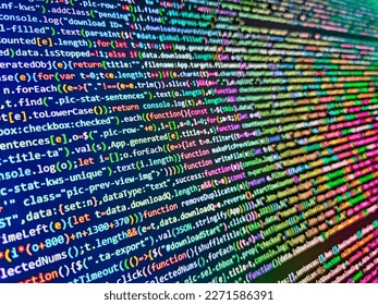 HTML markup language closeup. Software background coding screen of source code of developer programming language data. Computer script coding source code on desktop monitor