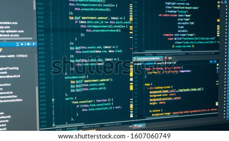 HTML web code. Javascript programming coding. Markup. Script language for software development