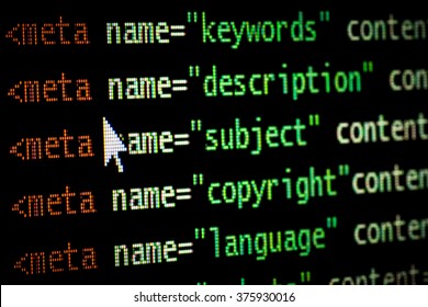 HTML Web Page Computer Programming Code Meta Tags In Red Light And Dark Green With Mouse Pointer On Black Background Seo Optimization Ranking Search Engines