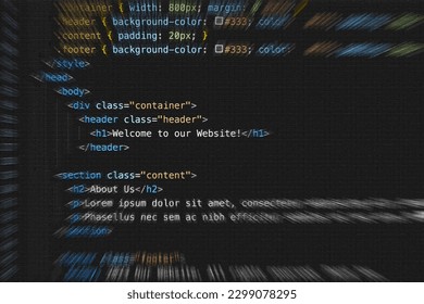HTML website code. Colorful programming script of an internet site. Symbolic for cyber security and software development.