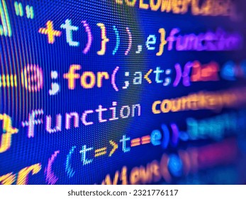 HTML5 concept macro backdrop in warm colors. Programmer developer screen. Software abstract background. Script function on monitor display. Website and application development