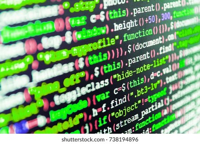 HTML5 in editor for website development. Developer working on websites codes in office. Modern tech. Business and AI technology represent learning process.  functions, variables, objects. 
