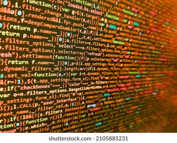 HTML5 in editor for website development. Programming Javascript on laptop computer screen. Mobile app building. Front-end applications in the color concept. HTML code on lcd screen