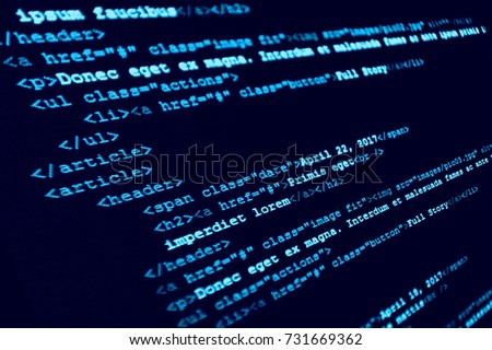 HTML5. Internet concept, javascript code. Language web pages, computers, network, web. Black background with blue text like old CRT monitors.