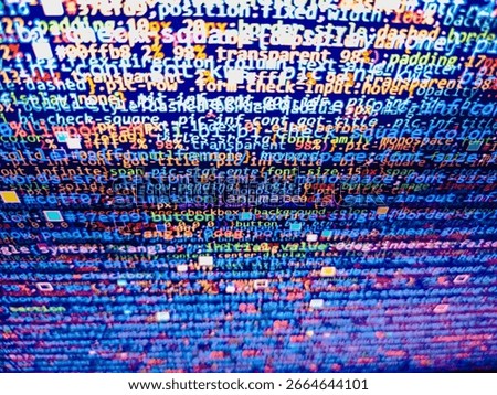 HTML5. Software engineer at work. Closeup of Java Script, CSS and. Data encryption security code on a computer display, close up. Software data monitor new function