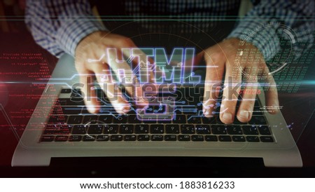 HTML5 symbol, development, code, computer language and programming technology. Futuristic abstract concept 3d rendering illustration.
