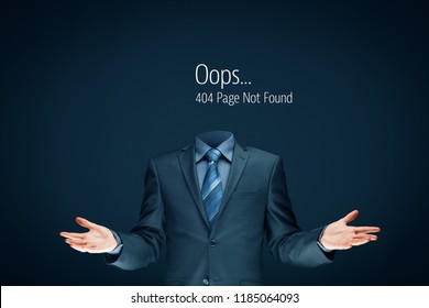 Http 404 error not found page template concept. Error page 404 message and businessperson without head.