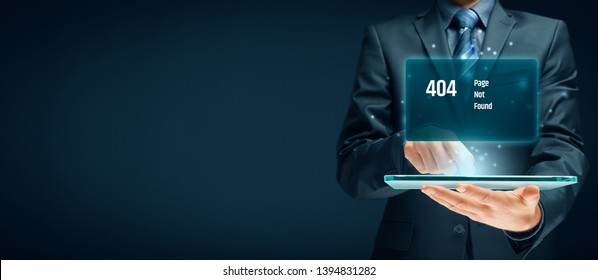 Http 404 error not found page template concept. Error page 404 message and businessperson with digital tablet.