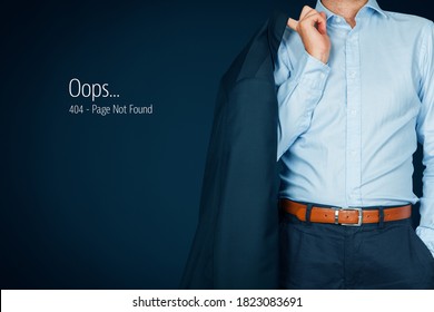 Http 404 error not found page template concept. Error page 404 message and businessperson in casual posture.
