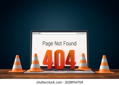 Http 404 error not found page design concept with notebook and traffic cones.