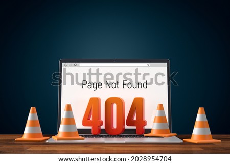 Http 404 error not found page design concept with notebook and traffic cones.