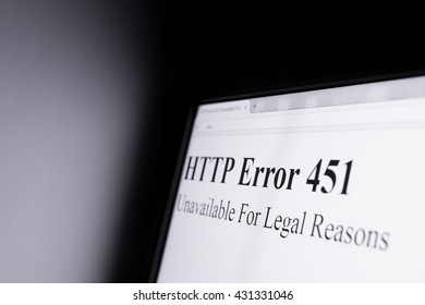 HTTP error 451 Unavailable For Legal Reasons - Shining computer screen in dark space - censorship and blocking internet pages because of objectionable content. Possibility of misuse (lack of freedom)