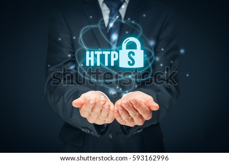 HTTPS - secured internet concept. Businessman or programmer offer https technology for www.