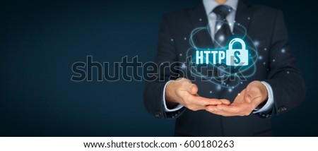 HTTPS - secured internet concept. Businessman or programmer offer https technology for www.