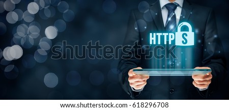HTTPS - secured internet concept. Businessman or programmer with tablet and https text and padlock symbol.
