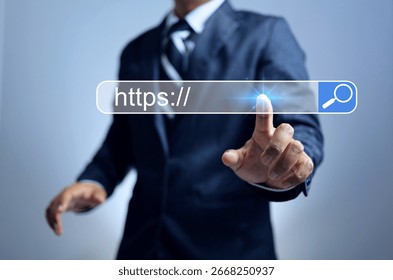 https website domain concept with businessman pointing on searching bar to security connection with hypertext transfer protocol secure