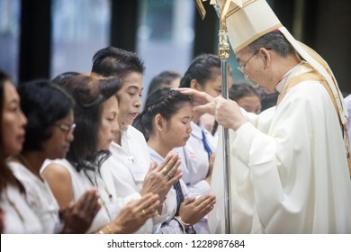 HUA HIN, THAILAND - NOVEMBER 10: Bishop Joseph Prathan Sridarunsil at inauguration ceremony of confirmants on November 10, 2018 in Hua Hin, Thailand. Confirmation is step to becamefull catholic member