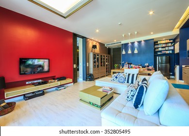 HUA HIN, THAILAND - OCT 23: Living room of Happen to be hotel at Hua Hin on Oct 23, 2015 in Hua Hin. It's provide private butler services to the room.