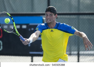 HUA HIN, THAILAND-DECEMBER 27:Maxime Cressy Of France Returns A Ball During Day 2 Of ITF Pro Circuit Thailand Men's F6 On December 27, 2016 At True Arena Hua Hin In Hua Hin, Thailand