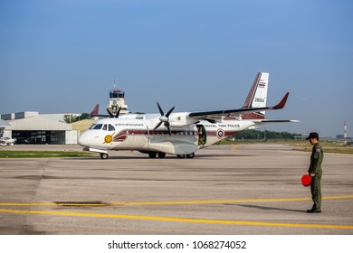 Hua Hin,Thailand- October 31,2017: CASA/IPTN CN-235-220M Royal Thai Police Taxi To Parking Area By Aircraft Marshaller At Airport.CN-235 Is A Medium Rage Twin Engines Developed By Spain And Indonesia.