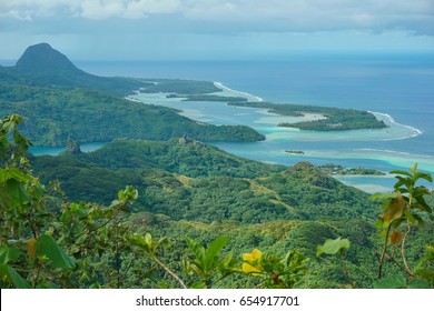 Huahine Island Landscape From The Mountain Pohue Rahi, Forest With The Lagoon And Islets, South Pacific Ocean, Leeward Islands, French Polynesia