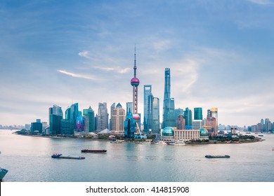 Huangpu River And Shanghai Skyline At Dusk ,China