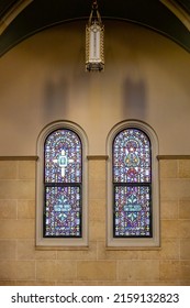 HUBERTUS WISCONSIN, UNITED STATES - Jan 12, 2021: The vitrage windows inside an old church and Basilica Holy Hill shrine during covid 19