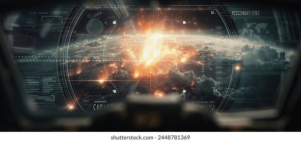 HUD military ui futuristic user interface.3d explose global world with target shoot. Digital screen of head up display dashboard panel, blue holograms of circular diagram, technology and war gaming. - Powered by Shutterstock