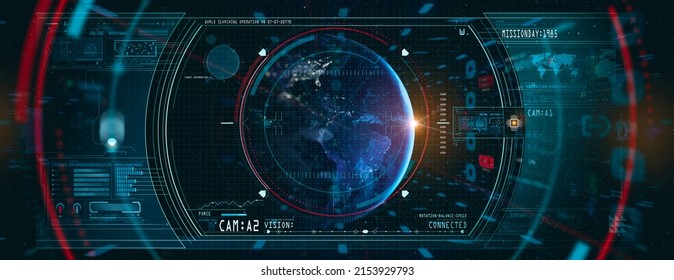 HUD ui futuristic user interface.3d global world map and business data charts. Digital screen of head up display dashboard panel, blue holograms of circular diagram, statistic graphs. - Shutterstock ID 2153929793