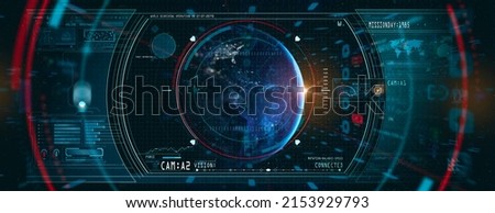 HUD ui futuristic user interface.3d global world map and business data charts. Digital screen of head up display dashboard panel, blue holograms of circular diagram, statistic graphs.