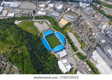 Huddersfield UK, 19th May 2020: Aerial Photo Of The John Smith's Stadium Home Of The Huddersfield Town Football Club And The Town Centre Of Huddersfield Borough Of Kirklees In West Yorkshire Britain