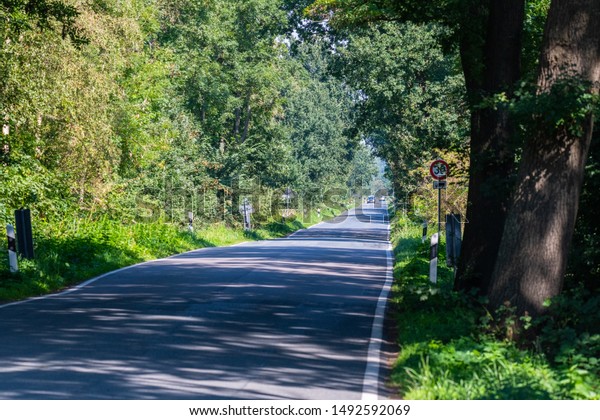 Hude, Germany, August 30, 2019: On a\
country road,  a road bike driver is overtaken by\
cars