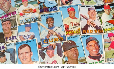 Hudson, Massachusetts USA April 9, 2022: Colorful Pile Of Vintage 1967 Topps Baseball Cards.