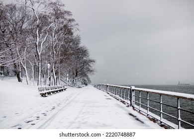 Hudson River Greenway In Snowy Winter Manhattan, New York City