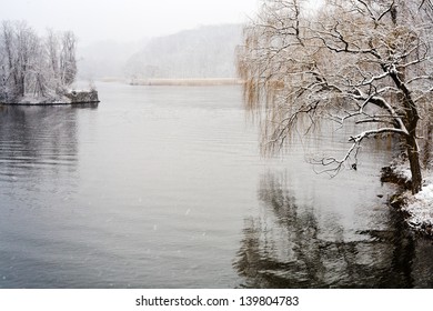 Hudson River In Snowing In Winter