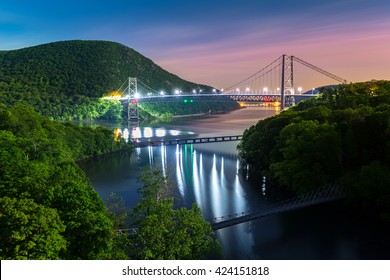 Hudson River Valley With Bear Mountain Bridge Illuminated By Night, In New York State