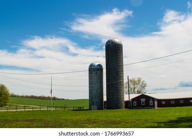 Hudson Valley Grass Fed Beef Farm Silos On A Sunny Day.